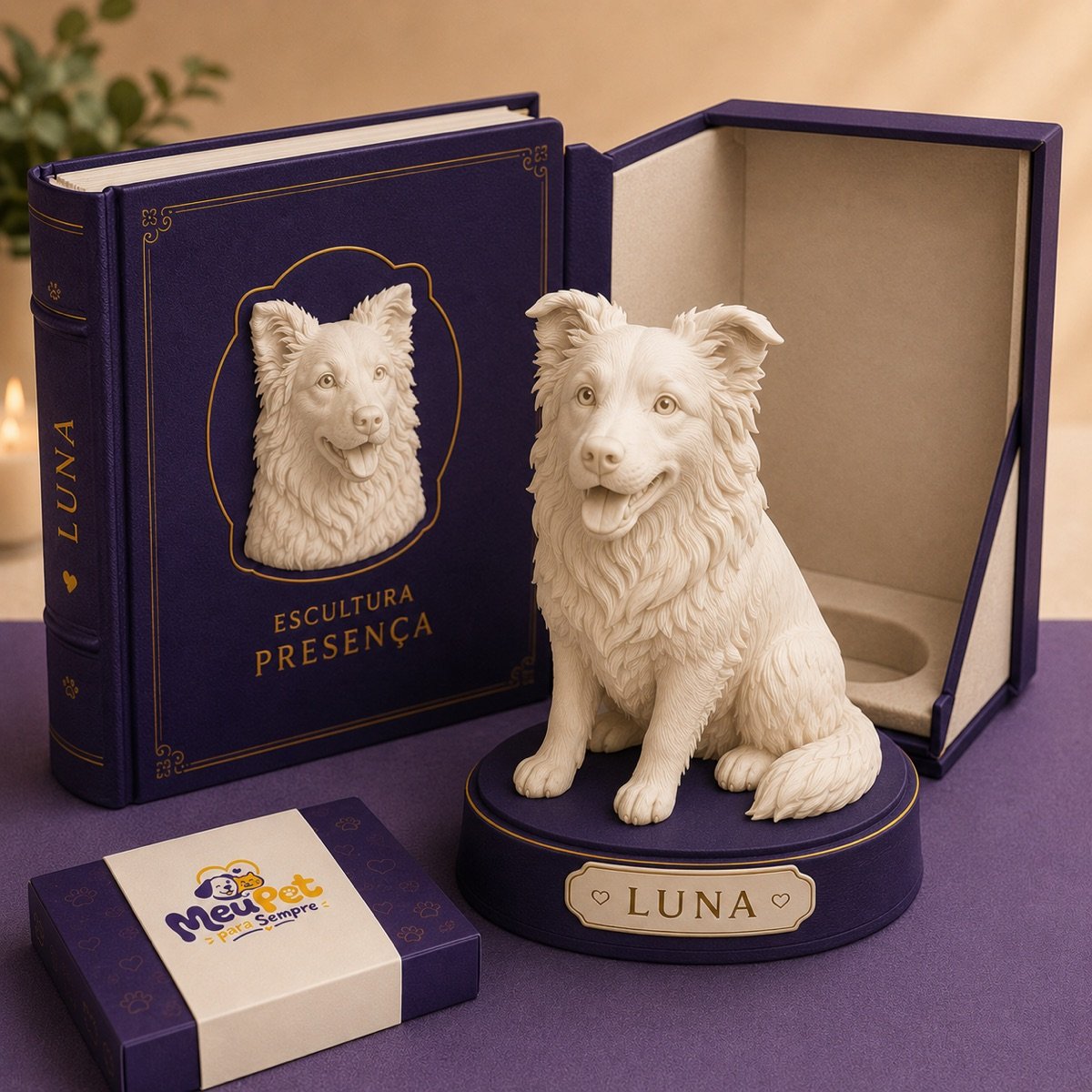 Escultura personalizada da Luna ao lado de sua caixa de apresentação